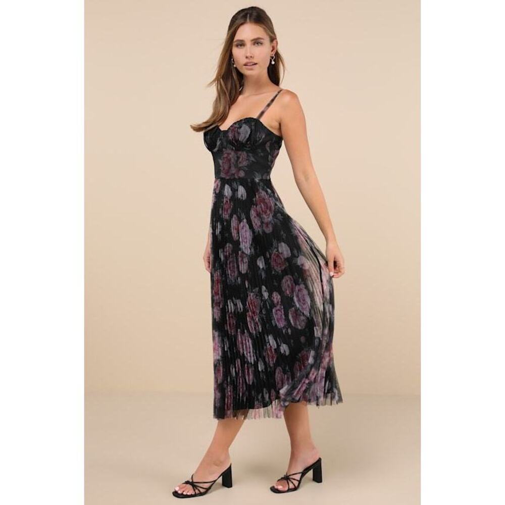 Lulus Alluring Invite Black Floral Pleated Bustier Midi Dress - Size L